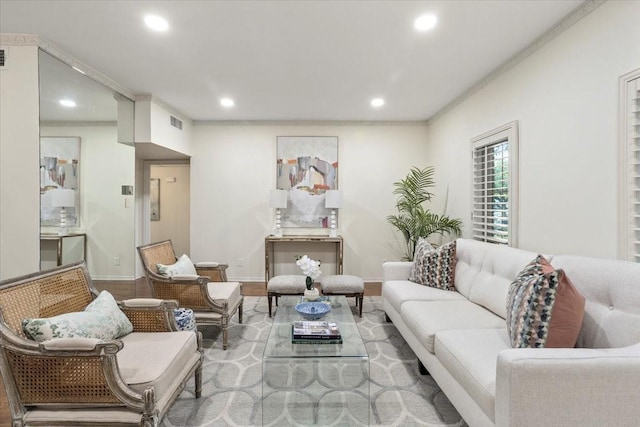 4312 Bellaire Dr S Unit 141, Fort Worth, TX 76109 - living room with crown molding, visible vents, baseboards, recessed lighting, and wood finished floors