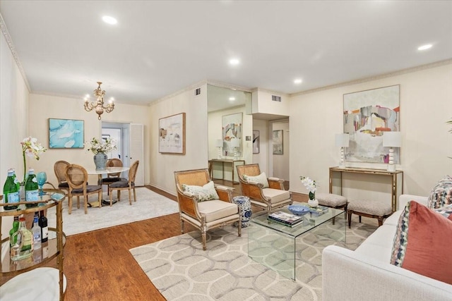 4312 Bellaire Dr S Unit 141, Fort Worth, TX 76109 - living room with visible vents, recessed lighting, ornamental molding, wood finished floors, and a notable chandelier