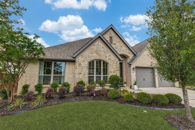 view of front of home featuring concrete driveway, a yard, stone siding, and brick siding