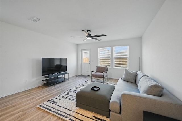 849 Breakwater Dr, Princeton, TX 75407 - living room featuring baseboards, visible vents, a ceiling fan, and light wood-type flooring