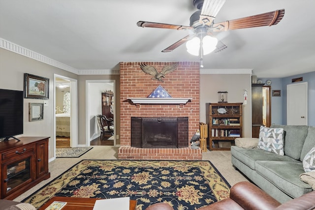 carpeted living room featuring a ceiling fan, baseboards, and a fireplace