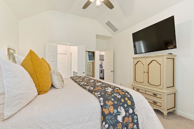 bedroom featuring ceiling fan, visible vents, vaulted ceiling, baseboards, and light colored carpet