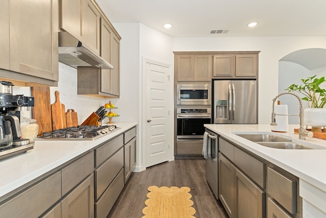 kitchen with a sink, appliances with stainless steel finishes, visible vents, dark wood-style floors, and under cabinet range hood