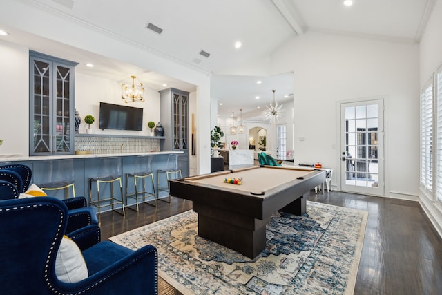 recreation room with a healthy amount of sunlight, visible vents, pool table, lofted ceiling with beams, and a chandelier