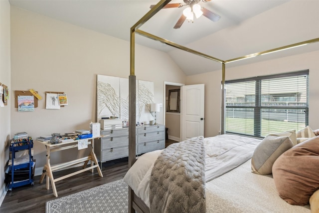 bedroom featuring baseboards, wood finished floors, a ceiling fan, and lofted ceiling