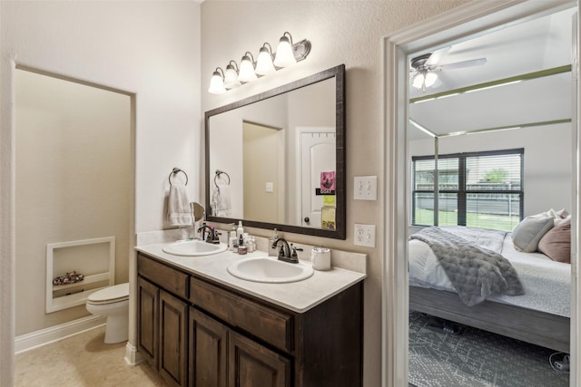 full bathroom with toilet, ceiling fan, ensuite bath, and a sink