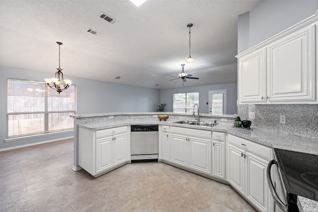 kitchen featuring a sink, visible vents, dishwasher, white cabinets, and ceiling fan with notable chandelier