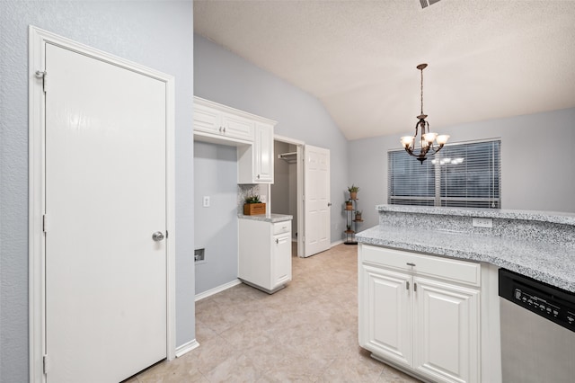 kitchen featuring white cabinetry, stainless steel dishwasher, an inviting chandelier, vaulted ceiling, and hanging light fixtures