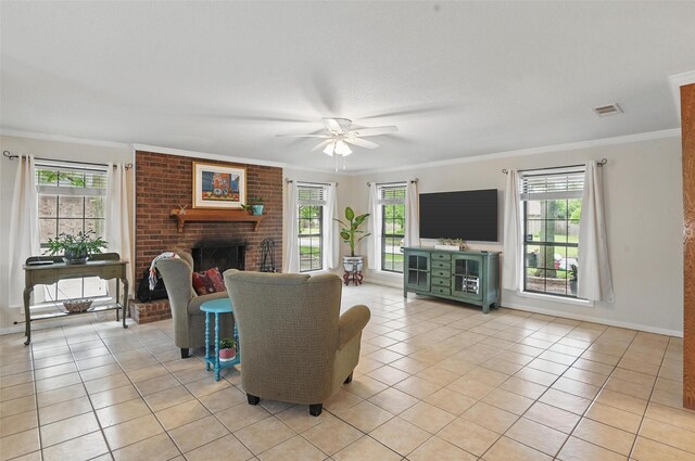 living room featuring light tile patterned flooring, plenty of natural light, crown molding, and a ceiling fan