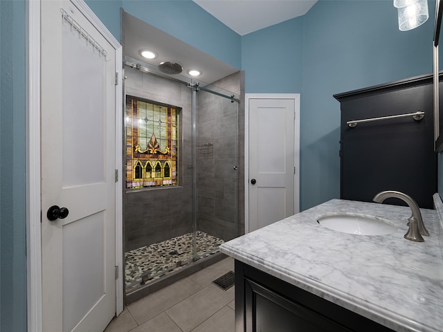 full bath with a shower stall, tile patterned flooring, and vanity