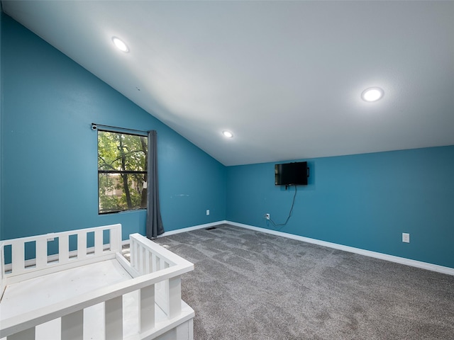 additional living space featuring baseboards, recessed lighting, carpet floors, and vaulted ceiling