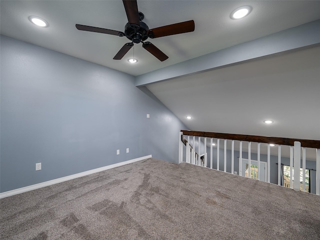additional living space featuring carpet flooring, recessed lighting, ceiling fan, and baseboards