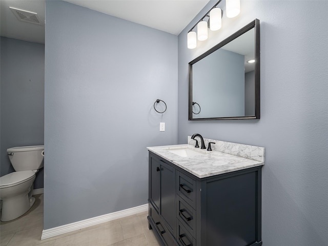 bathroom featuring toilet, visible vents, vanity, and baseboards