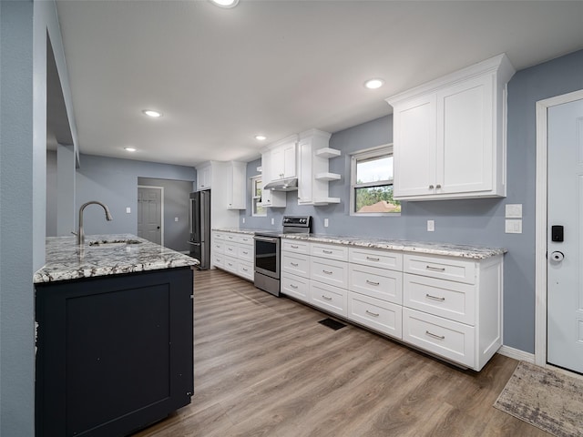 kitchen featuring a sink, wood finished floors, stainless steel appliances, and white cabinetry