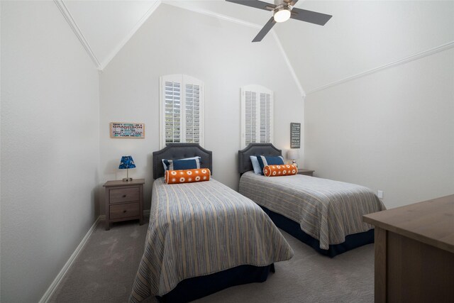 bedroom with baseboards, high vaulted ceiling, a ceiling fan, and carpet floors