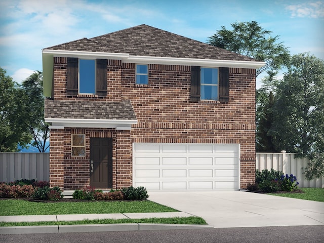 traditional-style house featuring fence, concrete driveway, an attached garage, and brick siding