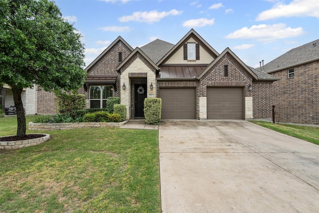 view of front of property with a front lawn, brick siding, concrete driveway, an attached garage, and fence