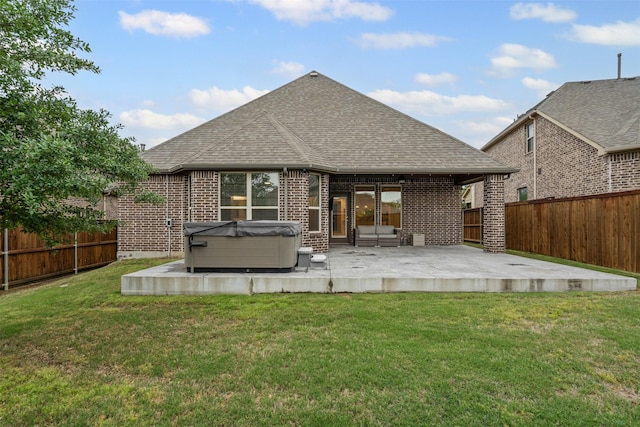 7416 San Jacinto Trl, Mckinney, TX 75071 - rear view of property with a hot tub, roof with shingles, brick siding, and a patio