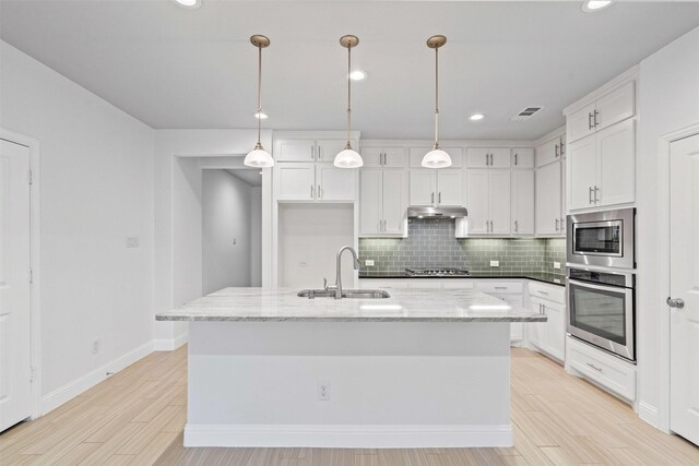 kitchen with stainless steel appliances, under cabinet range hood, backsplash, a sink, and white cabinetry
