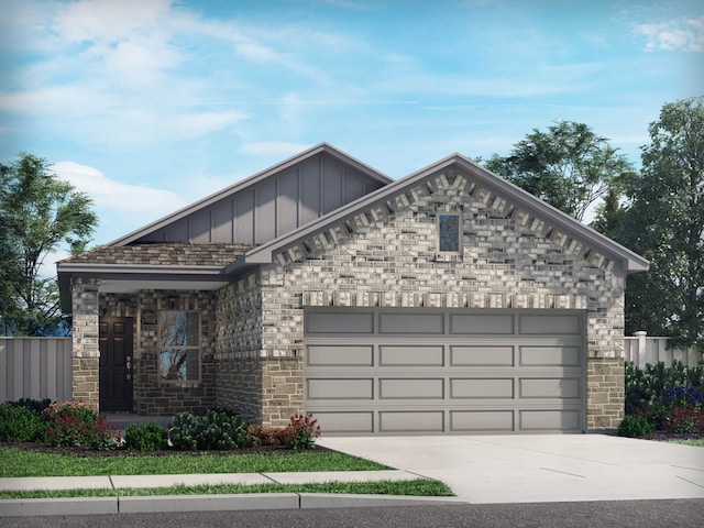 view of front of property with driveway, board and batten siding, brick siding, an attached garage, and fence