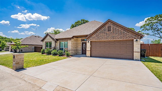 ranch-style home featuring a shingled roof, a front yard, an attached garage, fence, and brick siding