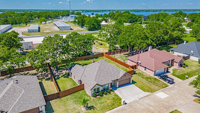 drone / aerial view featuring a water view