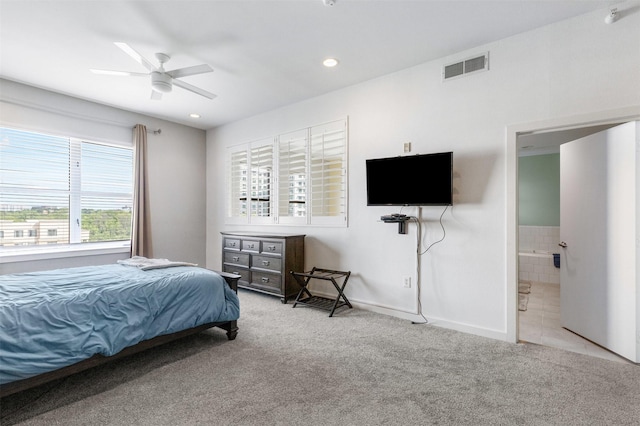 2608 Museum Way Unit 3407, Fort Worth, TX 76107 - bedroom featuring recessed lighting, ensuite bath, visible vents, baseboards, and carpet floors