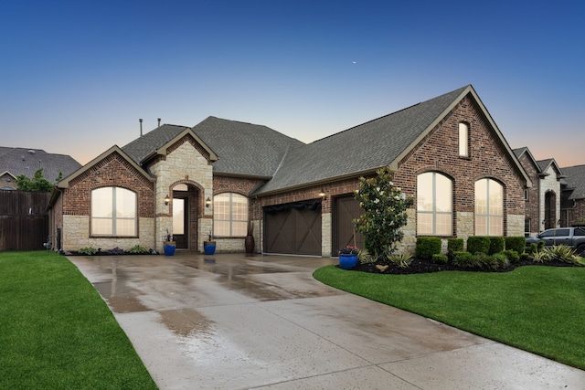 french country home with roof with shingles, concrete driveway, a garage, brick siding, and a front lawn