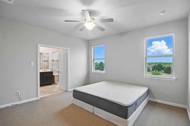 1331 Bailey Ln, Allen, TX 75013 - bedroom with light colored carpet, connected bathroom, a ceiling fan, and baseboards