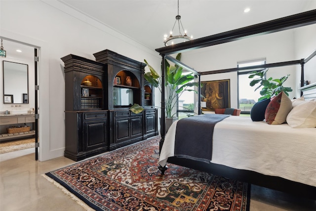 bedroom featuring a chandelier, recessed lighting, and crown molding