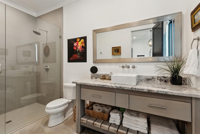 full bathroom with ornamental molding, a shower stall, toilet, and vanity