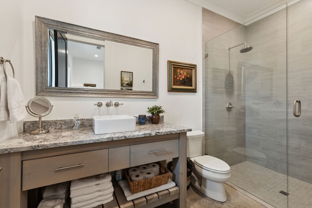 full bathroom with toilet, vanity, and a stall shower