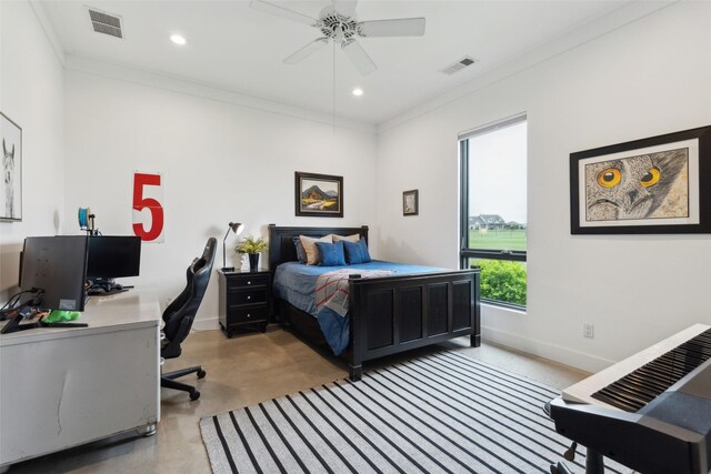 bedroom featuring baseboards, visible vents, ornamental molding, and finished concrete floors