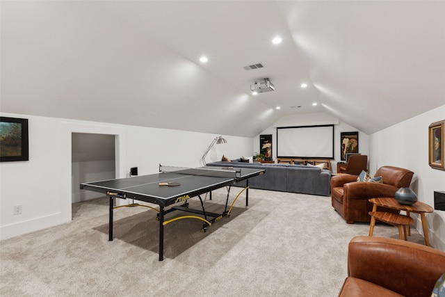 playroom with light colored carpet, visible vents, baseboards, recessed lighting, and vaulted ceiling
