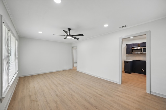 unfurnished living room featuring visible vents, ceiling fan, light wood-style flooring, and recessed lighting