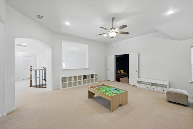 741 Almeda Ln, Prosper, TX 75078 - rec room with carpet, arched walkways, recessed lighting, a ceiling fan, and baseboards