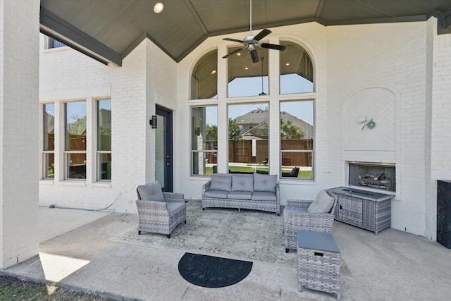 741 Almeda Ln, Prosper, TX 75078 - view of patio / terrace featuring an outdoor living space with a fireplace and ceiling fan