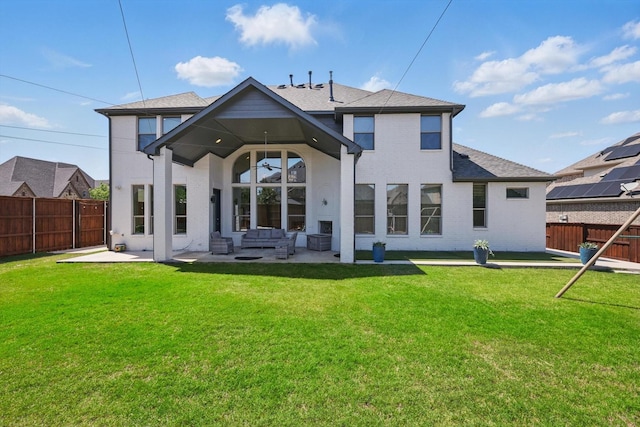 741 Almeda Ln, Prosper, TX 75078 - back of property with an outdoor hangout area, a patio, a shingled roof, and brick siding
