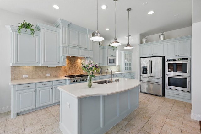 741 Almeda Ln, Prosper, TX 75078 - kitchen featuring stainless steel appliances, light countertops, a sink, backsplash, and recessed lighting