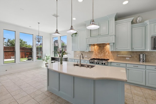 741 Almeda Ln, Prosper, TX 75078 - kitchen featuring a sink, light countertops, decorative backsplash, light tile patterned floors, and recessed lighting