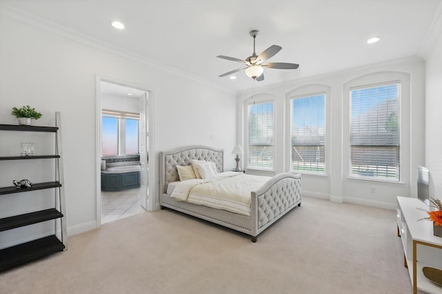 741 Almeda Ln, Prosper, TX 75078 - bedroom featuring light carpet, crown molding, baseboards, recessed lighting, and ensuite bath