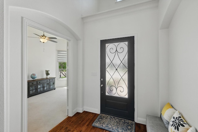 741 Almeda Ln, Prosper, TX 75078 - entrance foyer featuring baseboards, dark wood-style flooring, and a ceiling fan