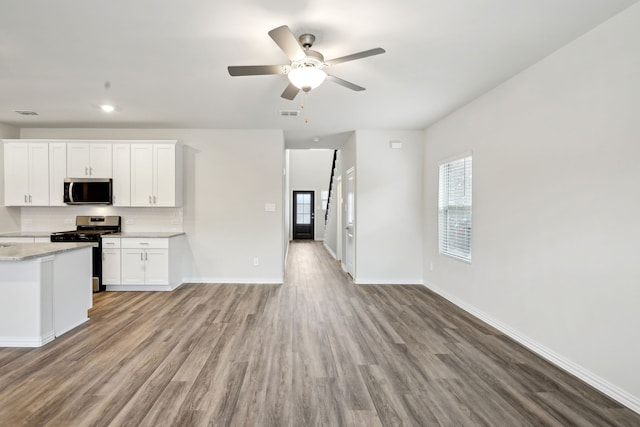 419 Bertney Dr, Princeton, TX 75071 - kitchen featuring tasteful backsplash, wood finished floors, appliances with stainless steel finishes, ceiling fan, and open floor plan