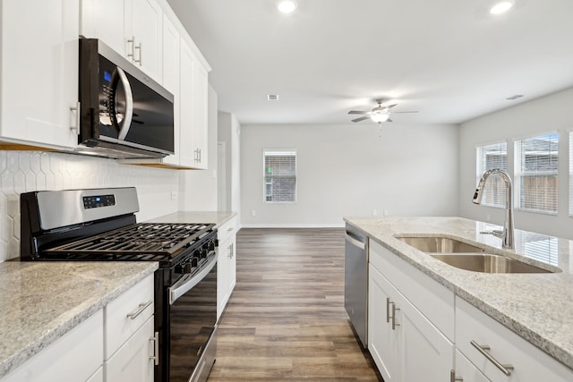 419 Bertney Dr, Princeton, TX 75071 - kitchen featuring recessed lighting, a sink, stainless steel appliances, ceiling fan, and wood finished floors
