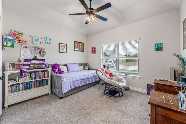 bedroom featuring baseboards, a ceiling fan, and carpet floors