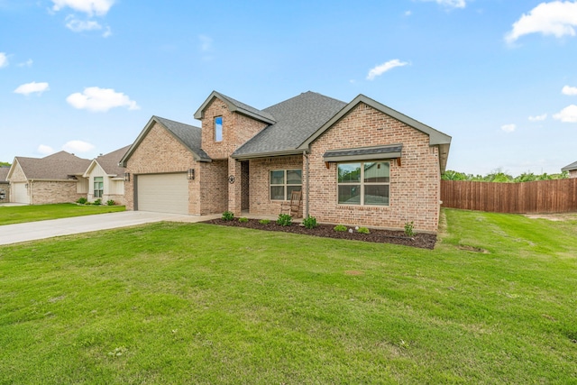 view of front of home with a front lawn, a garage, brick siding, concrete driveway, and fence