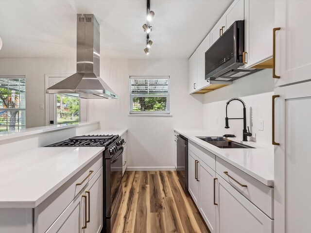 kitchen with a sink, black range with gas stovetop, light wood-style floors, island exhaust hood, and stainless steel dishwasher