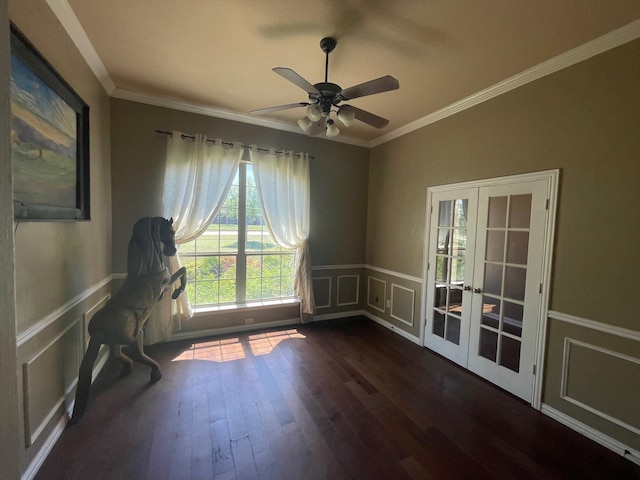 125 Rattling Antler Ct, Azle, TX 76020 - unfurnished office with french doors, wainscoting, a decorative wall, and dark wood finished floors