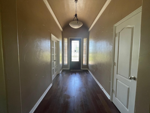 125 Rattling Antler Ct, Azle, TX 76020 - doorway to outside featuring baseboards, ornamental molding, wood finished floors, and lofted ceiling