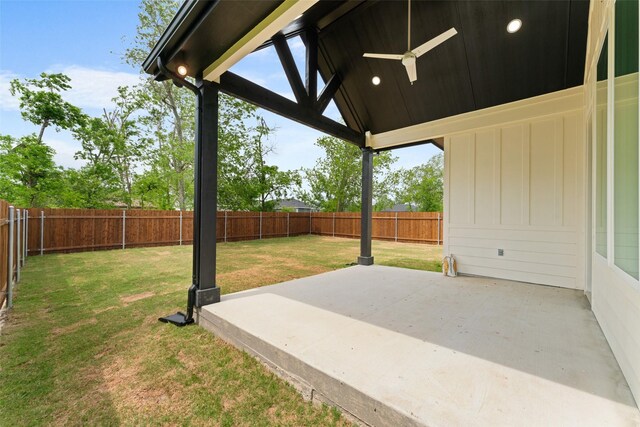 exterior space featuring a patio, a fenced backyard, and ceiling fan